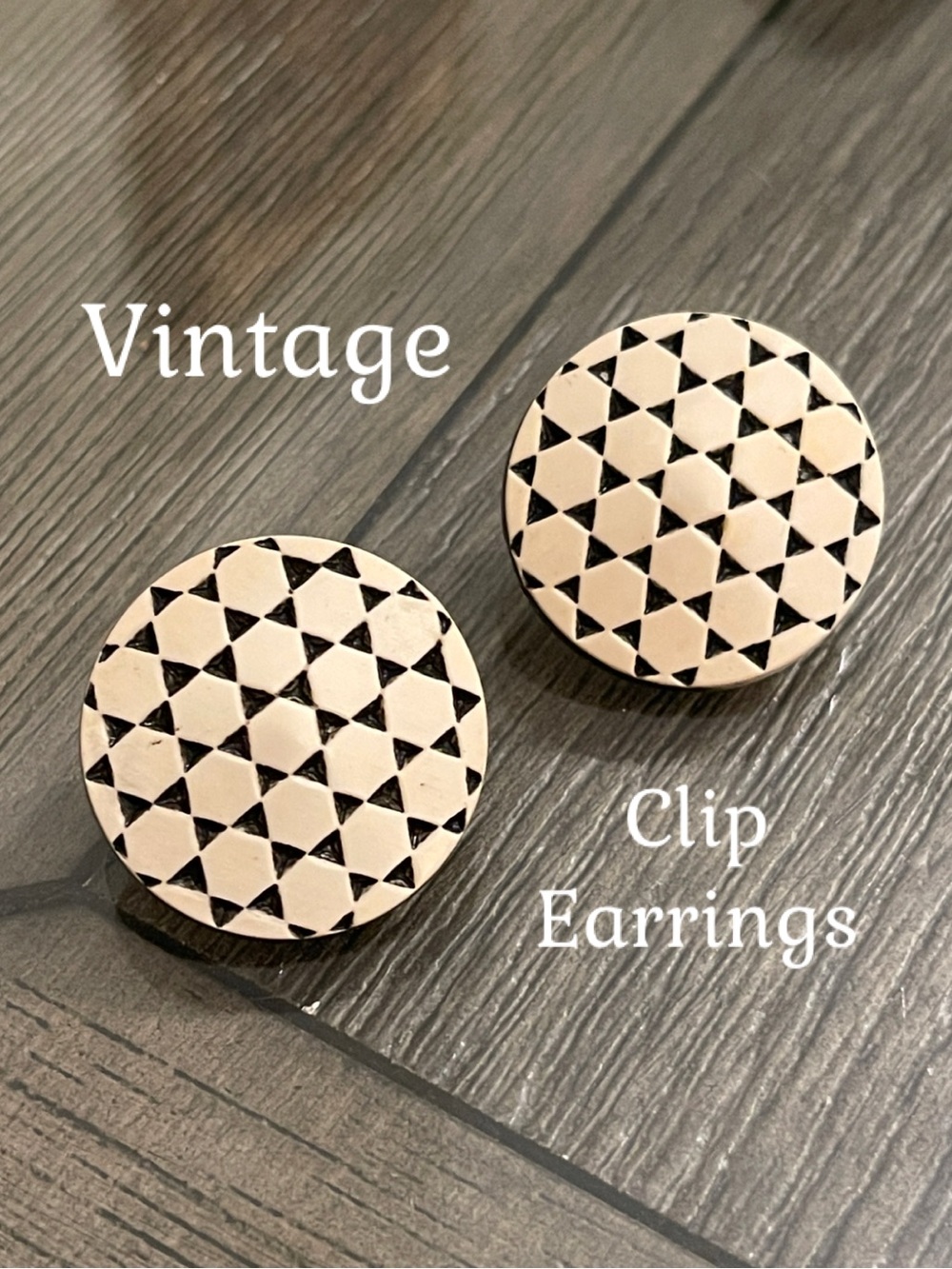 Vintage Round Button Clip Earrings with Geometric Pattern